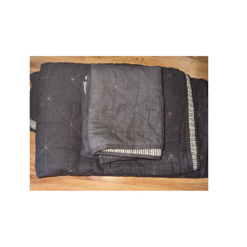 West Elm Charcoal Gray Quilted Coverlet King Sham Set Cotton Starburst Stitch